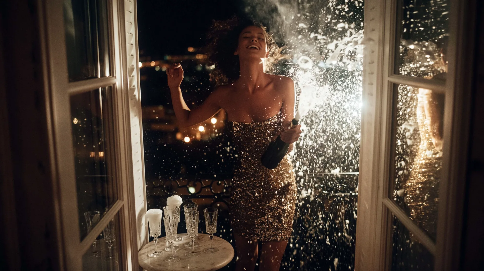 Woman by a window at night with confetti in the air
