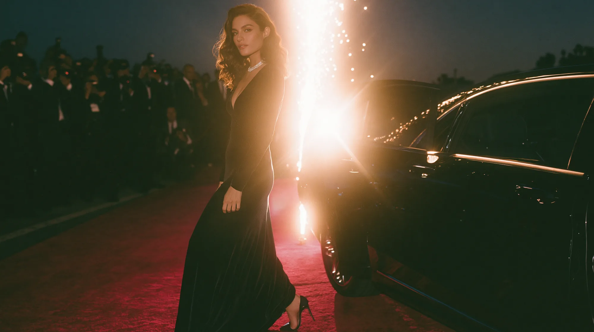 Woman stepping out of a car on the red carpet as a sparkler flares