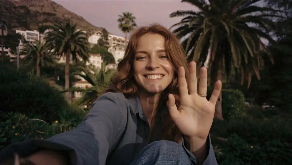 Woman waving among palm trees at sunset