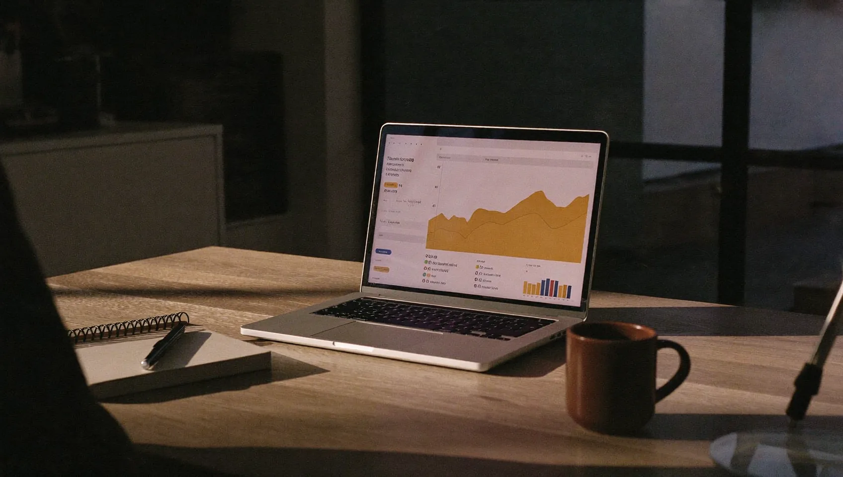 Laptop showing an analytics dashboard on a desk beside a mug